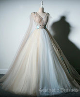 Gorgeous Champagne Tulle V-Neckline Sweet 16 Dresses, Quinceanera Dresses